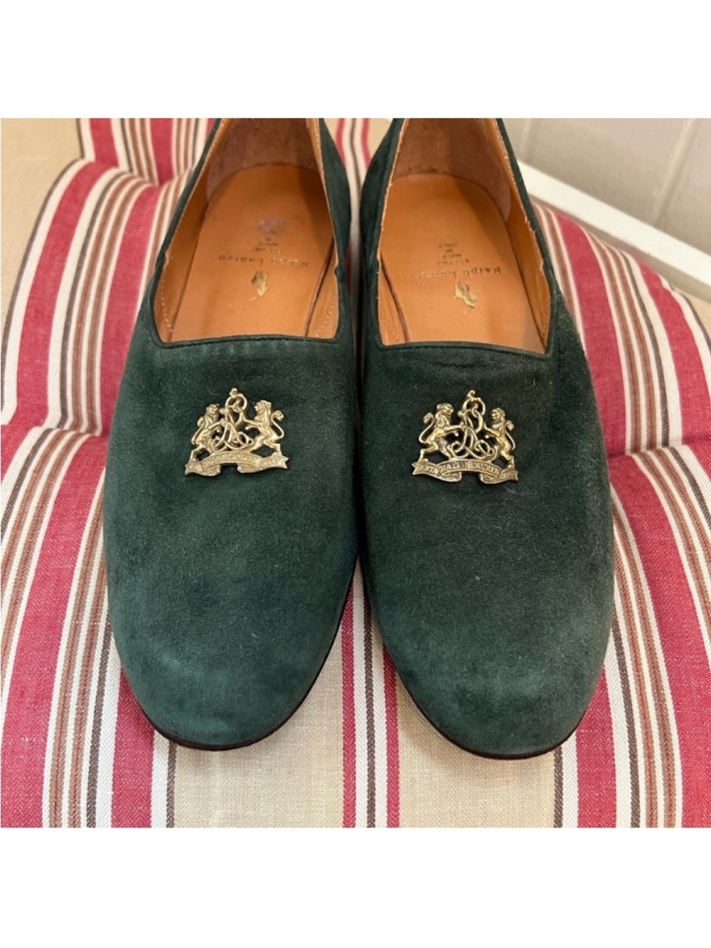 Ralph Lauren Forest Green Suede Loafers with Gold emblem